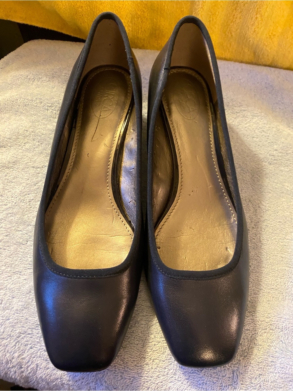Classic Navy Women's Leather Pumps - Sleek Square Toe Gold Heel Accent